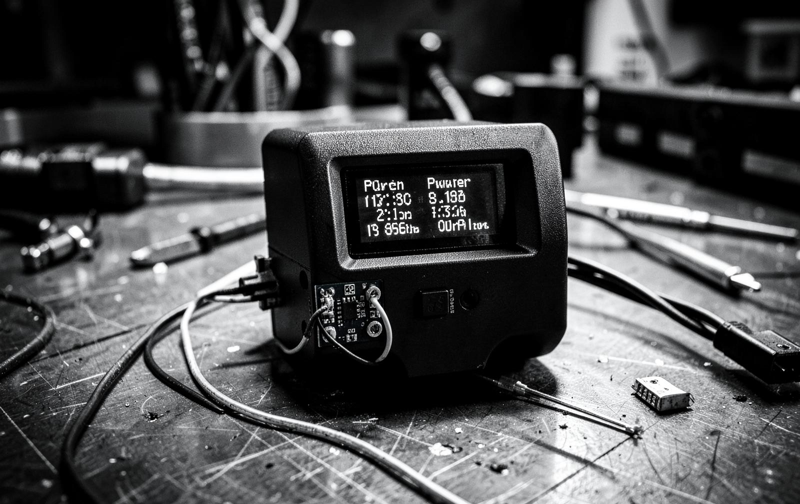 High contrast black and white photograph of the AEG GRID smart energy monitoring prototype with an OLED statistics display on an engineering bench