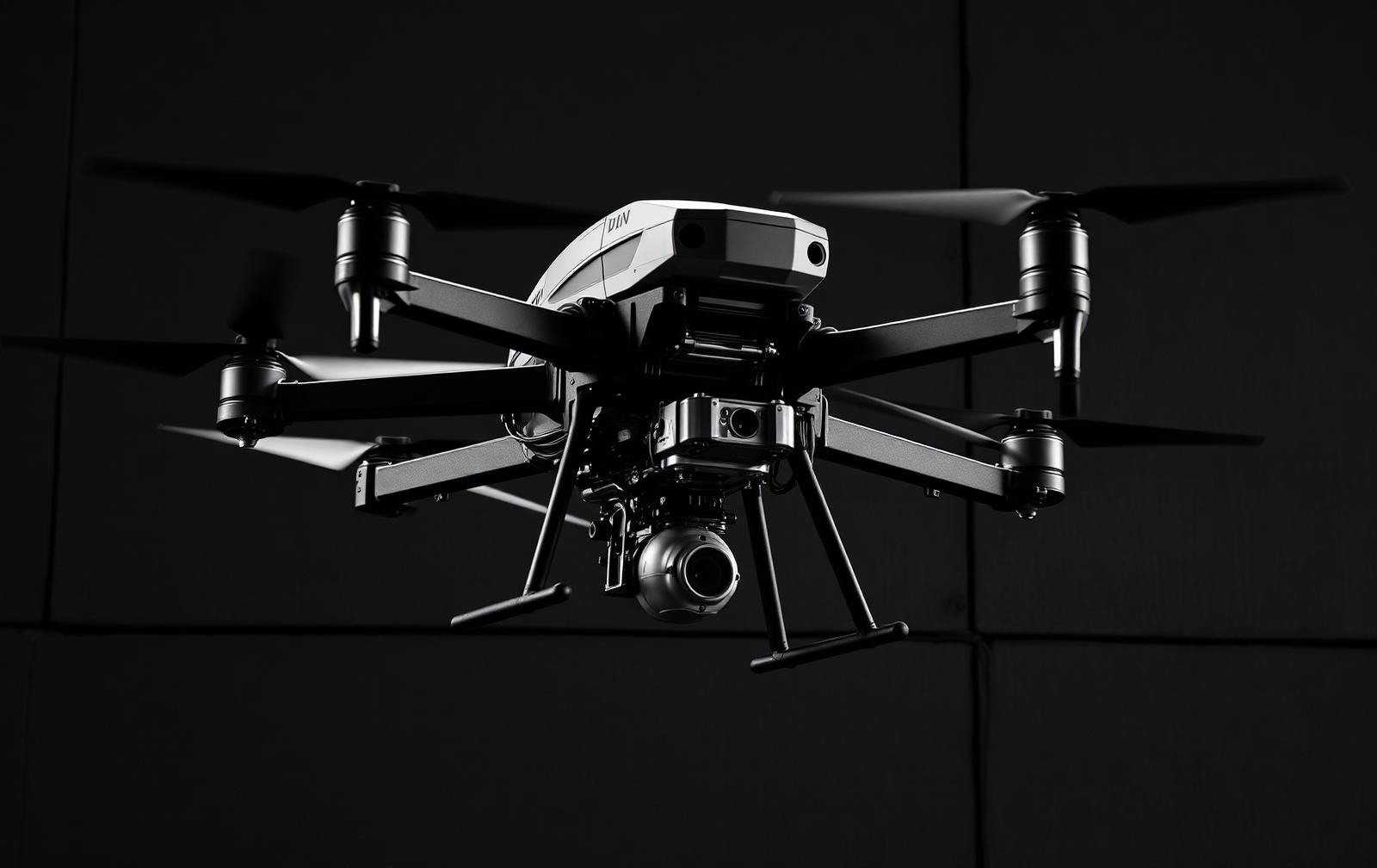 High contrast black and white photograph of a high-speed first-responder multirotor drone with a sensor gimbal and custom avionics enclosure