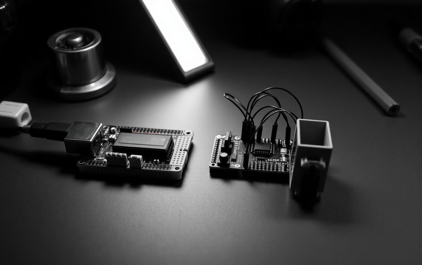 High contrast black and white photograph of a microcontroller breadboard prototype with a 3D printed enclosure